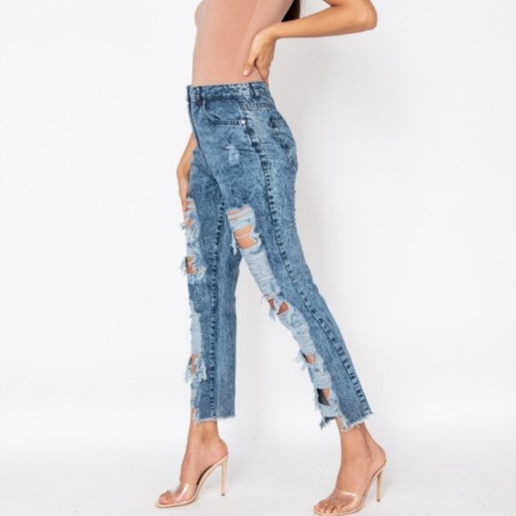 Blue Acid Wash High Waist Ripped Distressed Boyfriend Jeans Denim - Picture 6 of 9